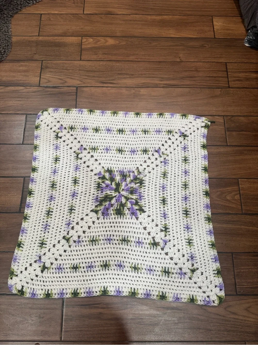 Crochet Square Blanket - White with Lavender & Green Accents 31